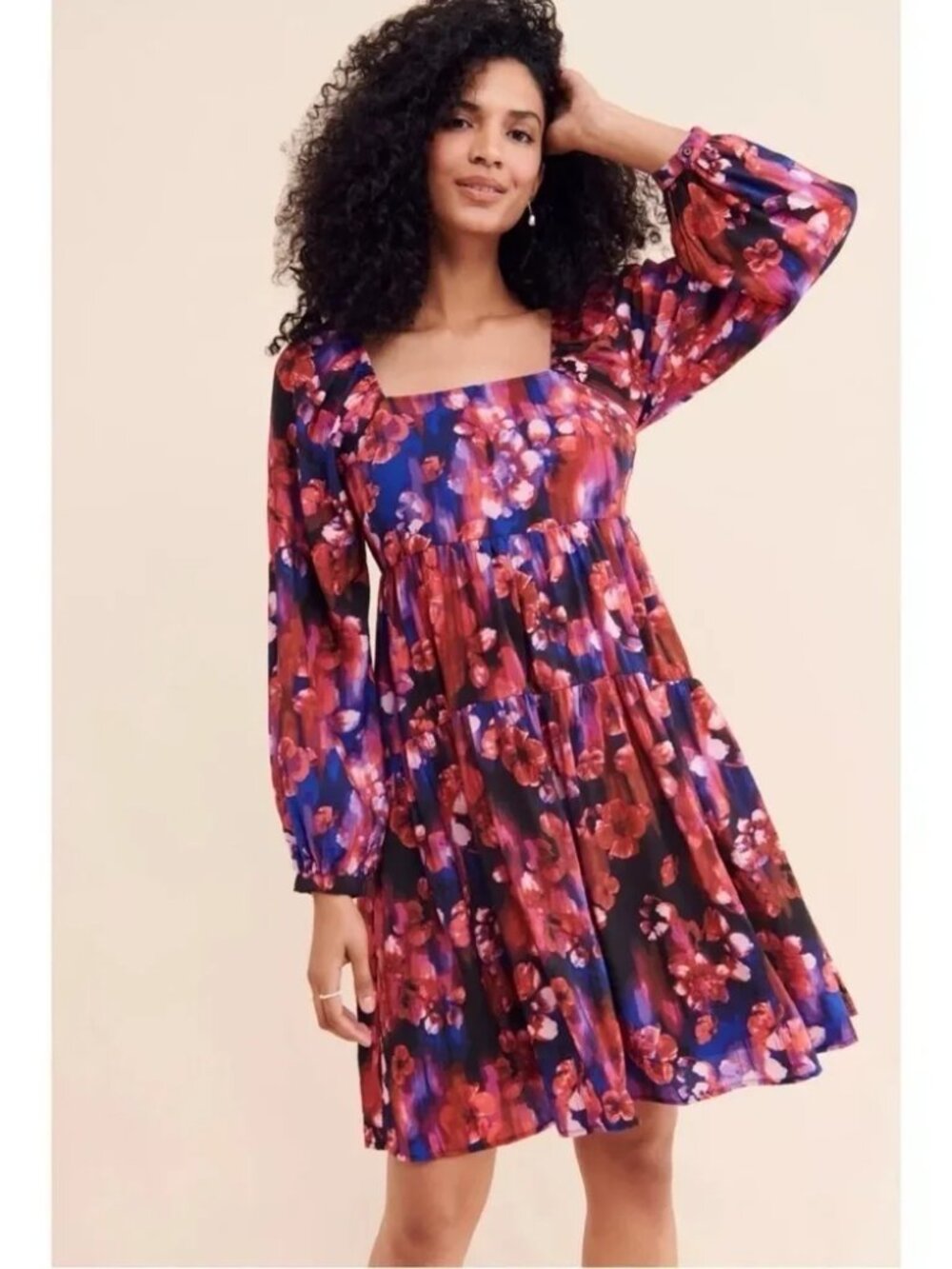 Free People Vero Moda Red & Blue Floral Long Sleeve Square Neck Dress